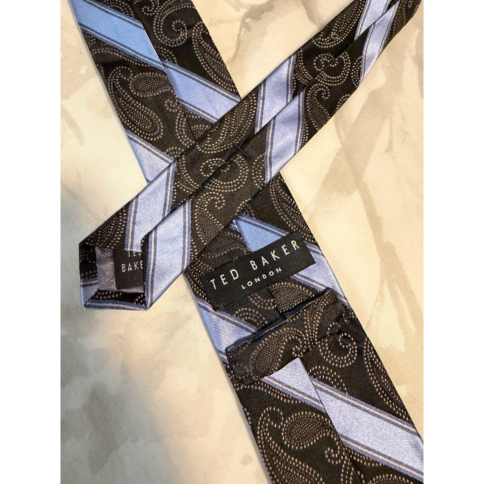 Ted Baker London Blue Striped Woven Paisley Skinny 100% Silk Tie Made In Usa